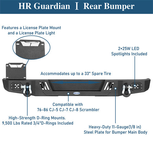 Aftermarket Rear Bumper w/ LED Lights For 1976-1986 Jeep CJ-5 CJ-7 CJ-8 Scrambler - LandShaker4x4