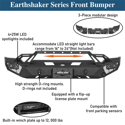 Earthshaker Series Front Bumper w/ Winch Plate & 4 × LED Lights For 2020-2023 GMC Sierra 2500HD/3500HD - LandShaker4x4