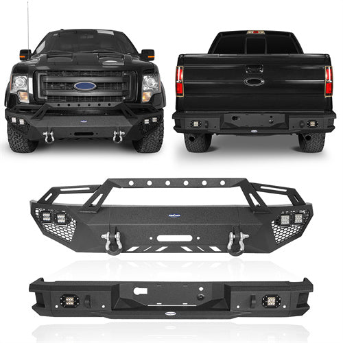 Front Bumper w/Grill Guard & Back Bumper for 2009-2014 Ford F-150 Excluding Raptor - LandShaker 4x4 LSG.8200+LSG.8203 1