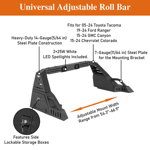 LandShaker Adjustable Roll Bar 20.7" High w/ LED Spotlights & Storage Boxes For Mid-Size Pickup Trucks lsg9911s 11