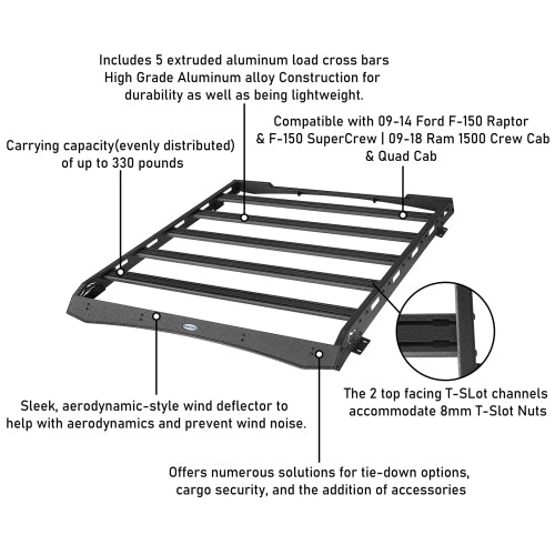 LandShaker Truck Roof Rack Luggage Holder for Ford F-150 Raptor & Super Crew & 2009-2018 Ram 1500 Crewcab & Quad Cab lsg9909s 11