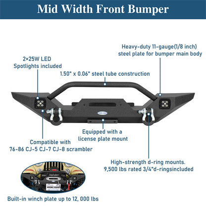 Mid Width Front Bumper w/ LED Spotlights For 1976-1983 Jeep CJ-5 CJ-7 CJ-8 Scrambler - LandShaker4x4