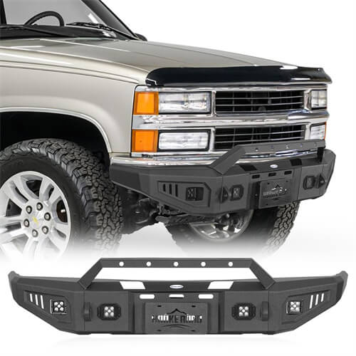 Road Trip Front Bumper w/ Winch Plate & LED Spotlights For 1988-1998 Chevy C/K 1500 2500 3500 - LandShaker