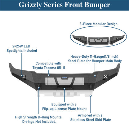 Road Trip Full-Width Front Bumper w/ LED Lights For 2005-2011 Toyota Tacoma - LandShaker4x4