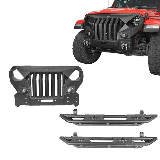 Full Width Front Bumper with Mad Max Grill & Running Boards(18-25 Jeep Wrangler JL 4 Door)-LandShaker