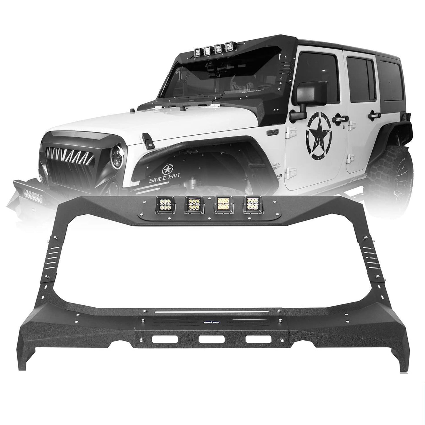 Mad Max Front Bumper w/Steel Grille Guard & Windshield Frame Cover(07-18 Jeep Wrangler JK)-LandShaker